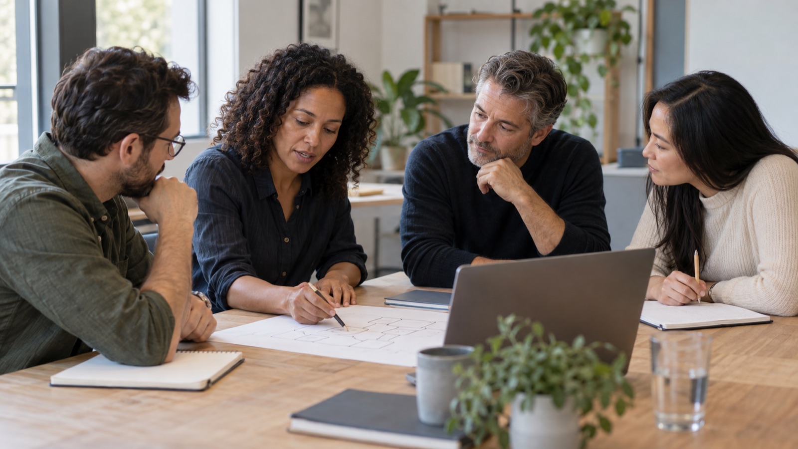 Four professionals discuss a process map around a table with notes and a laptop.